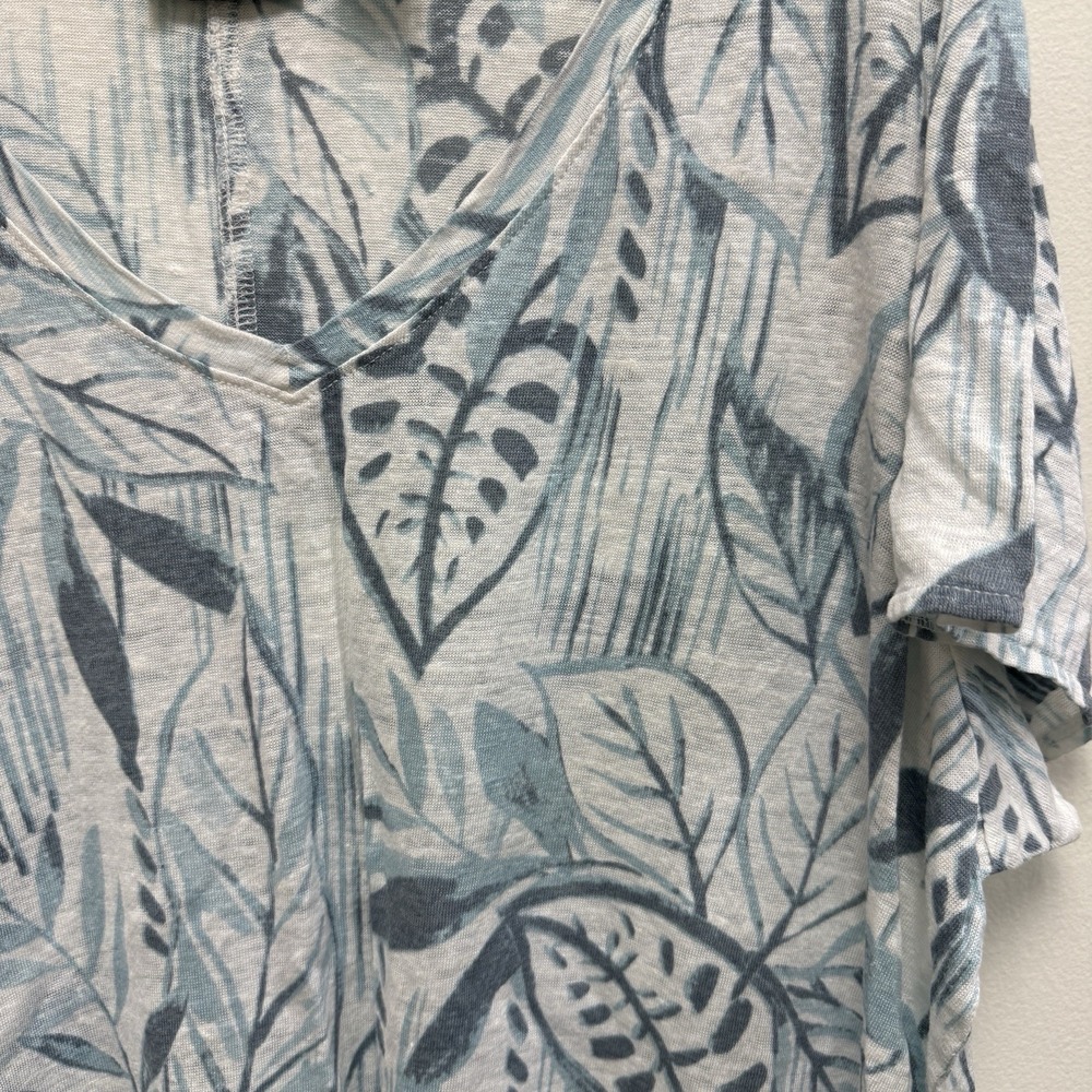 Tahari 100% Linen Top Womens 2X Blue Tropical Leaf Print V Neck Blouse - Picture 7 of 9